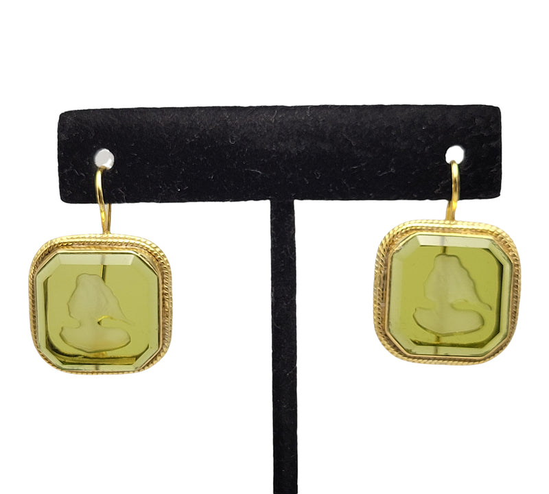 Green Intaglio Glass Earrings